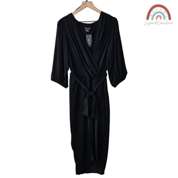 New! City Chic Opulent Faux Wrap Elbow Sleeve Black Midi Dress - Picture 2 of 15